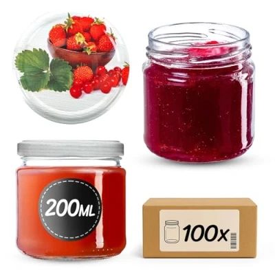 Afbeelding van KADAX kleine inmaakpotten, 200 ml, jampotten, diameter 66 mm, potten voor honing en specerijen, luchtdichte potten, weckpotten, ronde (aardbeien, 100 stuks)