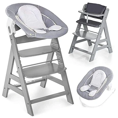 Afbeelding van hauck Kinderstoel Alpha Plus Newborn Set 4 delige Houten Meegroeistoel vanaf de Geboorte incl. Wipstoeltje, Zitkussens en Gordel Grijs