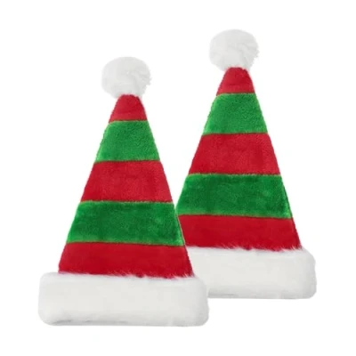 Afbeelding van FUIPVGI 2 stuks kerstmuts, luxe kerstmuts voor vader, pluche kerstman, volwassenen, uniseks, gestreepte rode en groene kersthoofdband Nieuwjaar, feestelijke kerst (2 stuks)