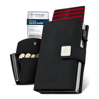 Afbeelding van SF SCOFIELD Trinity Slim Wallet met muntvak, premium creditcardhouder voor heren, 10 12 kaarten, RFID bescherming, portemonnee mannen, smart wallet, zwart zilver, Münzfach Max, Modern