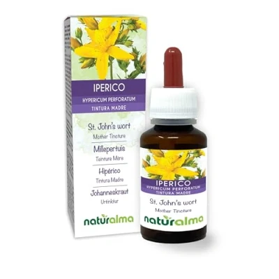Afbeelding van Sint janskruid (Hypericum perforatum) kruid met bloemen Alcoholvrije moedertinctuur Naturalma Vloeibaar extract druppels 60 ml Voedingssupplement Veganistisch