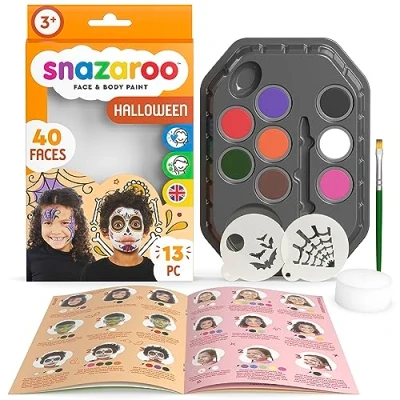 Afbeelding van Snazaroo 1172183 &quot;Halloween&quot; make up set, huidvriendelijke gezichtsmake op waterbasis 7 kleuren, 1 kwast, spons, 2 sjablonen