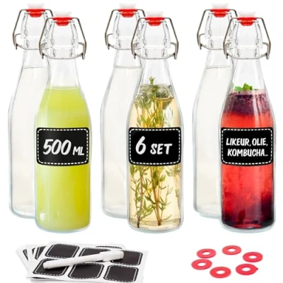 Afbeelding van 6 glazen flessen met beugelsluiting, 500 ml, extra afdichtingen en 12 etiketten pen