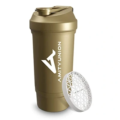 Afbeelding van Protein shaker Goud 700 ml FYRA lekvrij BPA vrij met poedervak ​​en zeef en schaal voor romige BCAA shakes, proteïne shake cups, isolaten wei eiwit