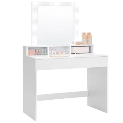 Afbeelding van VASAGLE kaptafel make up tafel met spiegel en gloeilampen, instelbare helderheid, cosmetische 2 lades 3 open vakken wit RDT114W01