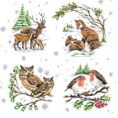 Afbeelding van 20 servetten dierenfamilies in de winter vos uil hert vogels 33x33cm