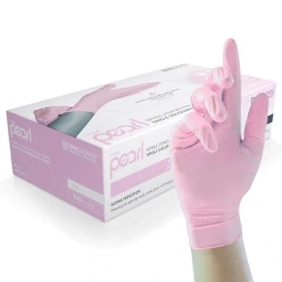Afbeelding van Unigloves Pink Pearl Nitril onderzoekshandschoenen multifunctionele wegwerphandschoenen, poedervrij en latexvrij, doos met 100 handschoenen, roze, maat M (GP0053)