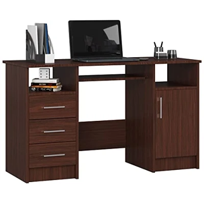 Afbeelding van Ana PC bureau met toetsenbordplank, bureautafel, computertafel, 3 laden, 1 opbergvak deur, 2 open opbergvakken, B124 x H74 D52 cm, 45 kg, wengé