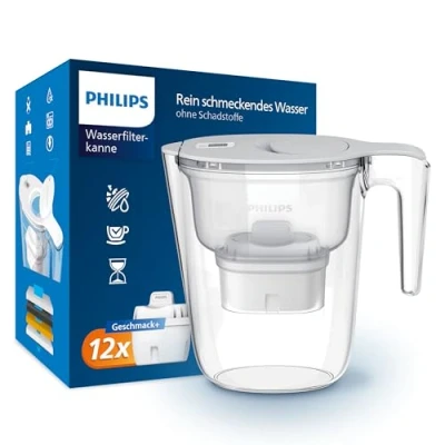 Afbeelding van Philips Waterfilterkan + 12 Micro X Clean vervangingsfilterpatronen, snelle doorstroming, wit, 2,6 liter, elektronische timer