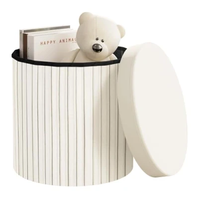 Afbeelding van WOLTU kruk met opbergruimte, rond, deksel, zitbox opvouwbare zitkist, gestoffeerde kruk, opbergkist gevoerd, van fluweel, MDF, diameter 38 x 36 cm, crème SH89 cm