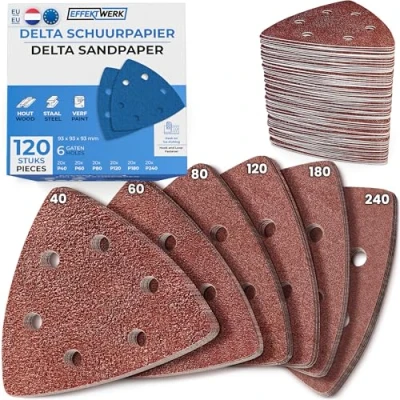 Afbeelding van EFFEKTWERK Deltaschuurmachine Schuurpapier Driehoekschuurmachine 120 stuks met Klittenband 6 Gaten 93x93x93mm Schuurdriehoeken 20x Korrel P40 P60 P80 P120 P180 P240