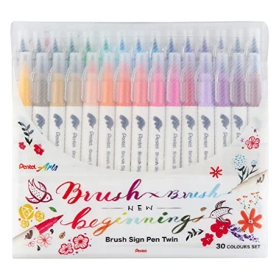 Afbeelding van Pentel SESW30C 30 Brush Sign Pen Twin, set van kleuren, viltstiften met twee flexibele schrijfpunten, inkt op waterbasis, gesorteerd, 1 stuk (verpakking stuks)