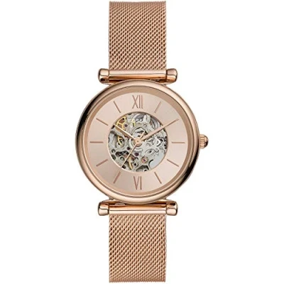 Afbeelding van Fossil Carlie horloge voor dames, automatisch uurwerk met roestvrij stalen horlogeband of leren band, Tint roségoud