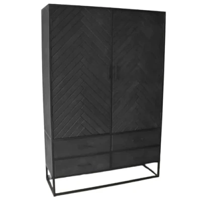 Afbeelding van Kast industrieel mangohout Flako zwart mango hout visgraat 180cm wandkast duurzaam