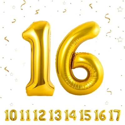 Afbeelding van 16 verjaardag decoratie cijfers ballon jaar folieballon goud voor 16e mannen vrouwen nummer vliegt met helium verjaardagsfeest 40&quot; 101cm