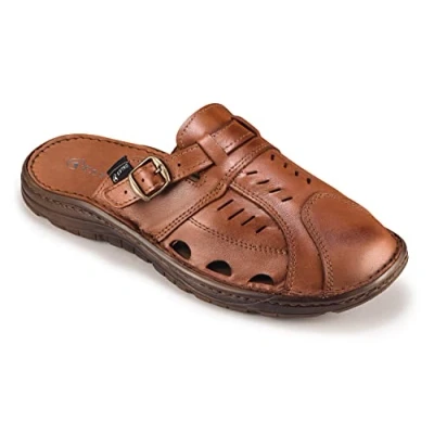 Afbeelding van ESTRO Sandalen Heren Leren Muiltjes Zomerschoenen Zomer met Antislip Gom Zolen S4 (44 EU, Roestbruin)