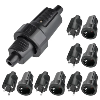 Afbeelding van Sporgo 5 x Schuko stekker koppeling: 230 V IP44 buitenbereik geaarde met knikbescherming, 2 polige 16 A &amp; 3,7 kW rubberen koppeling voor buiten, zwart