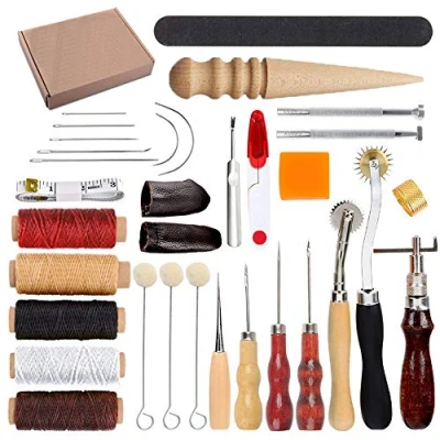 Afbeelding van HOSTK 33 stuks DIY leder handwerk handkit gereedschap set voor naaien stansen carving zadel leer kunstwerk accessoires priem vingerhoed