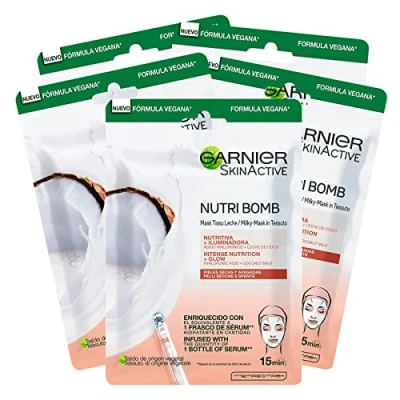 Afbeelding van 5 x Garnier Skinactive stofmasker Nutri Bomb verzorgend en lichter met kokosmelk voor droge doffe huid, wegwerpmaskers