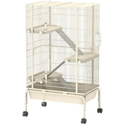 Afbeelding van PawHut Kleintierkäfig, Nagerkäfig Frettchenkäfig mit 3 Rampen Mäusekäfig ausziehbarem Tablett, Futterschale, Wasserflasche, Käfig Zubehör für Chinchilla, Eichhörnchen, Zwerghamster Beige