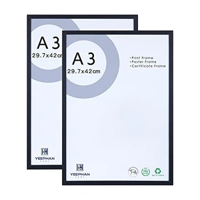 Afbeelding van YEEPHAN A3 zwarte fotolijst, massief houten lijst met perspex front voor wandmontage, 29,7 x 42 cm fotolijst/schilderlijst, posterlijst, certificaatlijst wanddecoratie en wooncultuur, set van 2