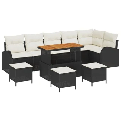 Afbeelding van vidaXL 10 delige Tuin Sofa Set met Kussens Zwart Poly Rattan Acacia