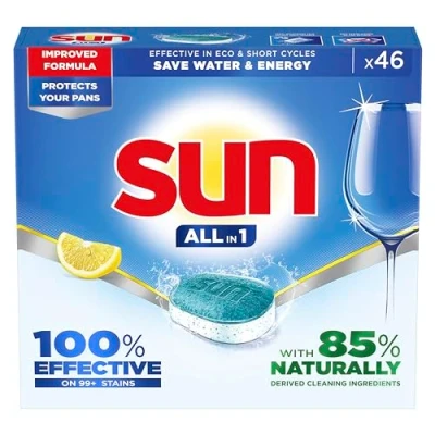 Afbeelding van Sun All in 1 Citroen Vaatwastabletten, met verbeterde formule 100% effectief op meer dan 99 hardnekkige vlekken 46 tabletten