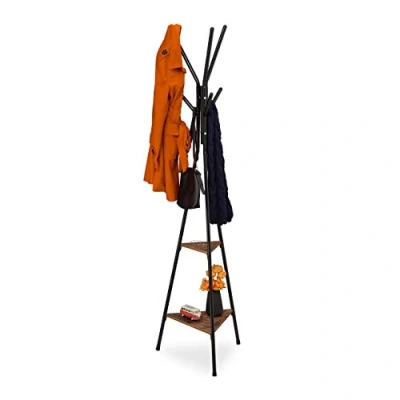 Afbeelding van Relaxdays staande kapstok, industrieel, HBD 181,5 x 50 43 cm, jassenhouder met 2 vakken, metaal &amp; MDF, zwart/bruin