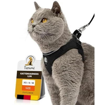 Afbeelding van Tierhood Kattenharnas set met riem voor gecontroleerde vrijheid zacht harnas comfortabel, instelbaar en robuust actieve katten (Zwart, M)
