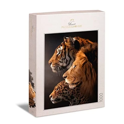 Afbeelding van Ulmer Puzzleschmiede Puzzel The Big Three, imposant roofkattenmotief met tijger, leeuw en luipaard. Dierenpuzzel 1000 stukjes de grote jagers. Premium puzzelkwaliteit, Made in Germany