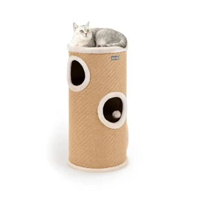 Afbeelding van lionto Krabton van jute met speelbal en pluche rand, hoogte 70 cm, stabiele krabpaal voor kleine grote katten, perfecte nagelverzorging bezigheid, vele verborgen mogelijkheden, Ø 38 beige