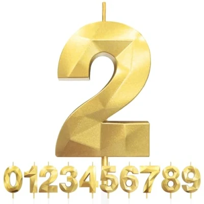 Afbeelding van 2e verjaardagskaarsen, nummer 2 kaars, gouden verjaardagskaarsen voor taart, diamant 3D gelukkige taartkaars decoraties verjaardagsfeestje bruiloft verjaardag viering