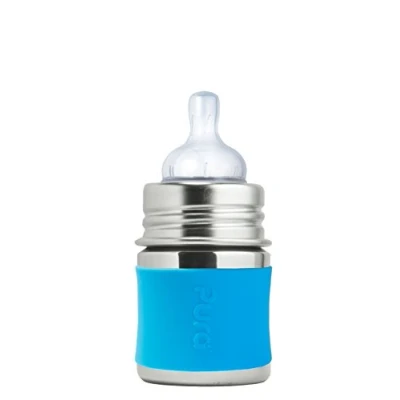 Afbeelding van Pura Speenfles 150 ml Plasticvrij Drinkfles Voorkomt Maagkrampen Vaatwasserbestendig Inclusief Siliconen Speen, Reisdop en Sleeve Top is Verwisselbaar Veelzijdig Aqua