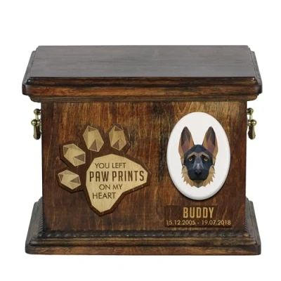 Afbeelding van Art Dog Aangepaste geometrische hondenherdenkingsurn Handgemaakte houten urn Op maat gemaakte hondencrematiedoos voor as 8,3x11,4x8,7 Duitse herder