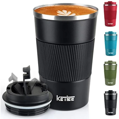 Afbeelding van Reismokken, KETIEE 380 ml geïsoleerde koffiebeker met lekvrij deksel, herbruikbare koffiebekers reisbeker, koffiemok, dubbelwandige roestvrijstalen thermische mok voor warme koude dranken, zwart