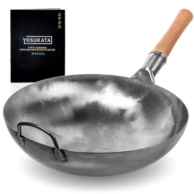Afbeelding van YOSUKATA Koolstofstalen Wokpan en Roerbakpannen 36 cm Gehamerde Wok met Ronde Bodem Pow Traditionele Chinese Japanse Pan Compatibel gas open vuur (Zilver)