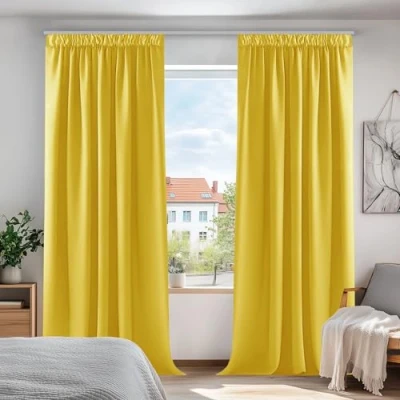 Afbeelding van Deconovo Verduisterende Gordijnen met Plooiband, Kant en Klaar, Ondoorzichtige voor Slaapkamer, 140x260 cm (B x H), Citroengeel, 2 stuks