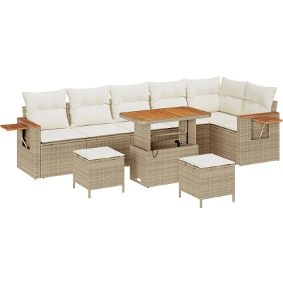 Afbeelding van vidaXL 9 delige tuinsofa set met kussens beige poly rattan acacia, 3 tuin eetset acacia