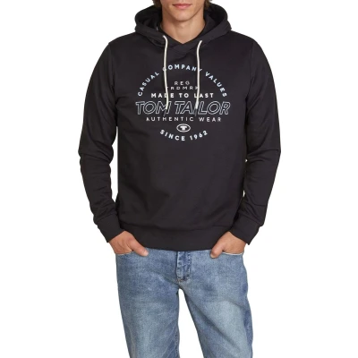 Afbeelding van Tom Tailor Heren trui Printed Hoodie regular fit Zwart XXL Volwassenen