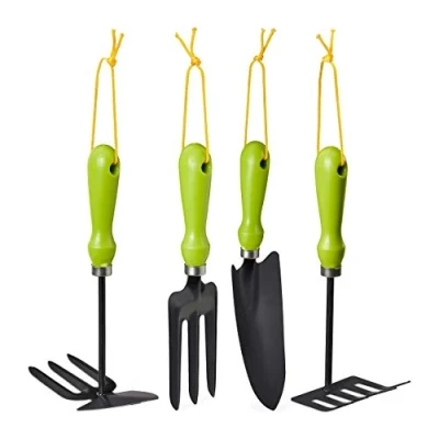 Afbeelding van Relaxdays tuingereedschap set bloemenschepje handhark rooi vork schoffel groen