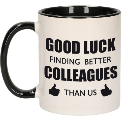 Afbeelding van Good luck finding better colleagues than us zwart / witte cadeau koffiemok theebeker collega afscheidscadeau 300 ml