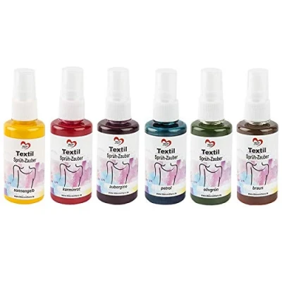 Afbeelding van Ideen mit Herz Spuitverf, 6 x 50 ml, kleuren, kleuren met de hoogste glans voor licht textiel, op waterbasis (sproei magie 3, zonnegeel, karmijnrood, aubergine, petrol, olijfgroen, bruin)