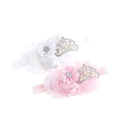 Afbeelding van Nishine Baby doophoofdband voor kleine kinderen, meisjes, stof, bloem, tiara, stretch, elastisch, in paren (kind, wit/roze)