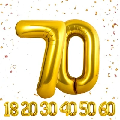 Afbeelding van Ballonnen verjaardag 70 jaar goud 101 cm ballon cijfer opblaasbare folie decoratie van een man vrouw vlinderdas met helium