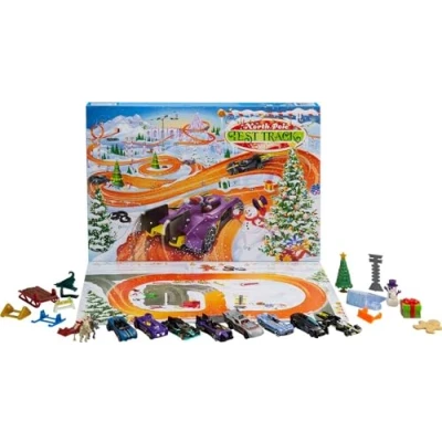 Afbeelding van Hot Wheels Adventskalender met 24 Verrassingen waaronder 8 Voertuigen op een Schaal van 1:64 en Andere Coole Verrassingen, plus Speelmat, voor verzamelaars kinderen vanaf 3 jaar, GTD78