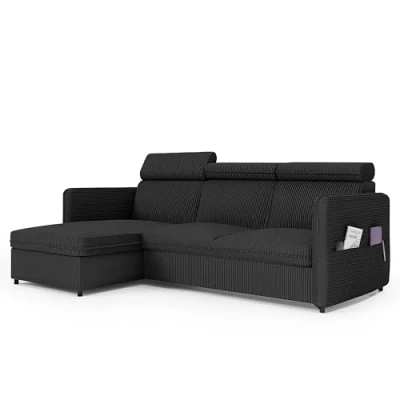 Afbeelding van GREKPOL Poso Bank met slaapfunctie, 160 x 220 cm, zwart corduroy sofa, hoekbank slaapfunctie en bedlade, 3 zits, slaapbank bedlade