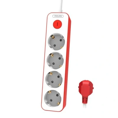 Afbeelding van Philips CHP2145R Stekkerdoos met 4 stopcontacten, vergrendeling, 1500 W, gevlochten netsnoer, 1,5 m, hoge weerstand, veiligheidssluiting (led display), wit/rood
