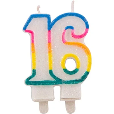 Afbeelding van Folat Glitterkaars 16 Jaar Wax 9 X 6 1,5 Cm Wit