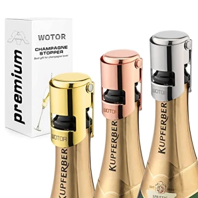Afbeelding van WOTOR 3 stuks champagnesluitingen, roestvrij staal, champagneflessluiting, champagnesluiting, lekvrij, houdt fris (driekleurig)