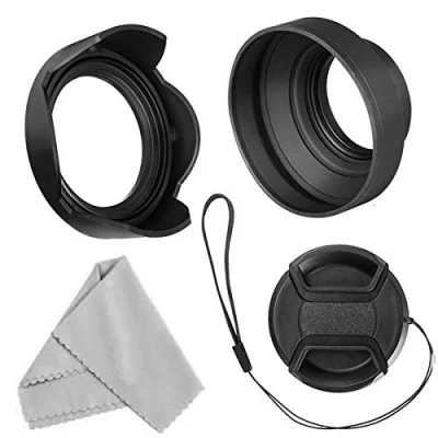 Afbeelding van Veatree 52 mm zonnekapset, opvouwbare rubberen zonnekap met filterdraad + omkeerbare tulpenbloem centrale pinch lensdop microfiber lensreinigingsdoekje